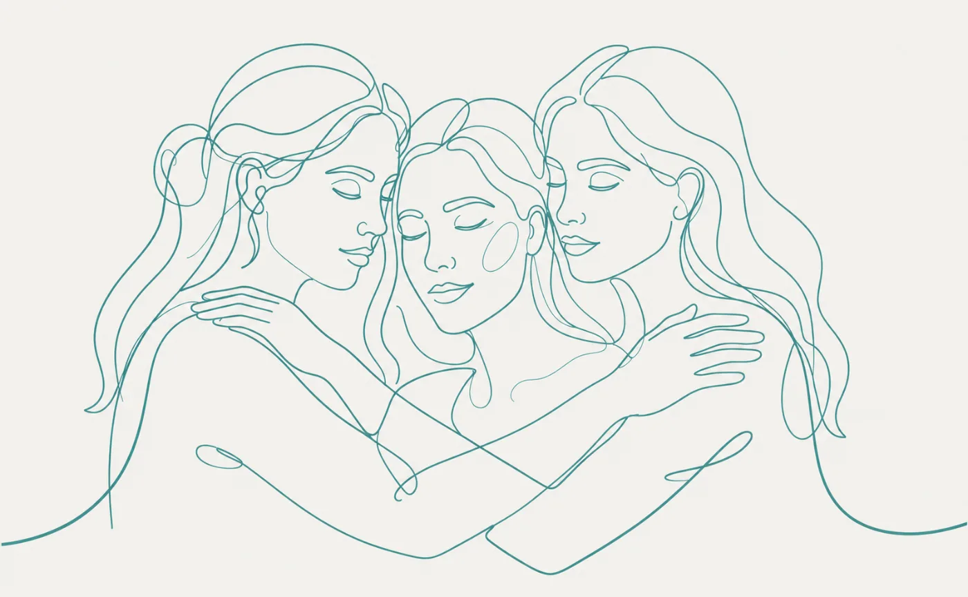 Line drawing of three women embracing